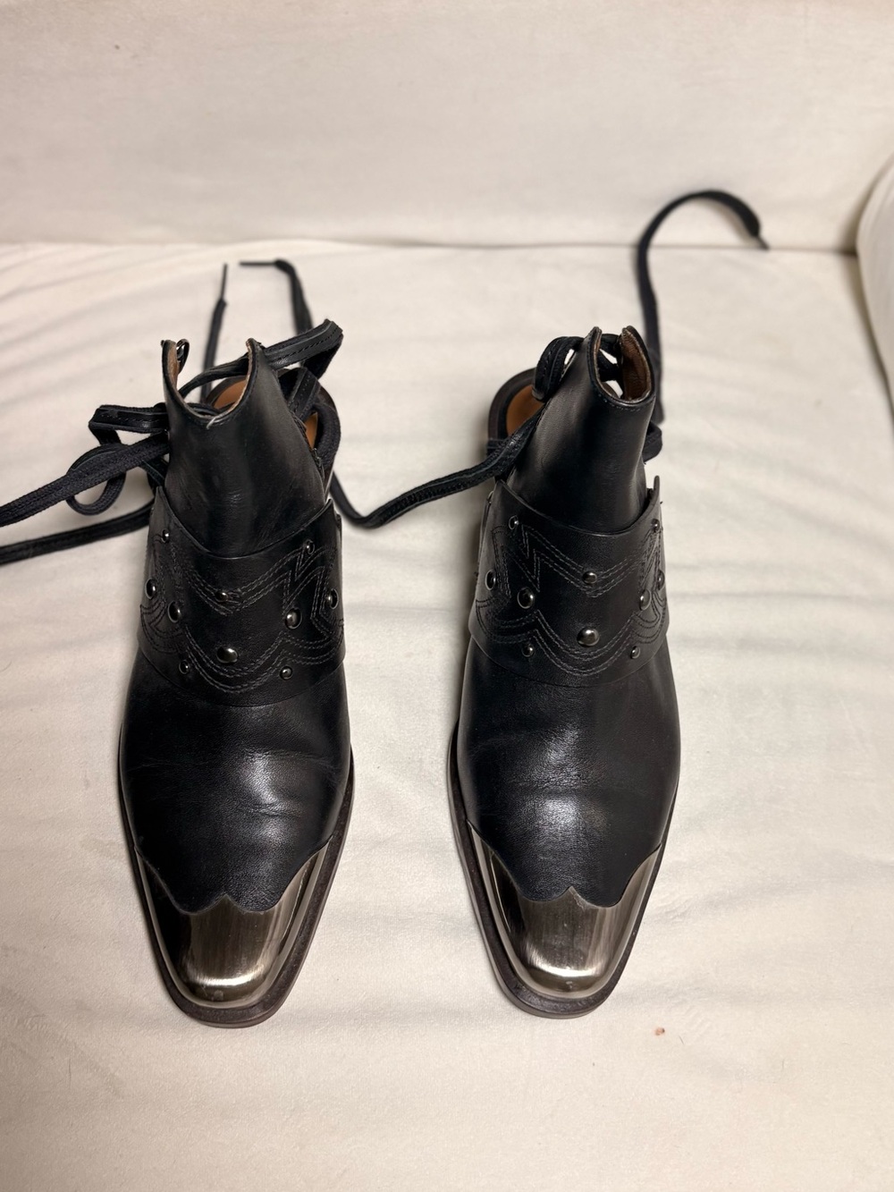 Men's Black Leather Lace-Up Western Boots with Metal Toe
